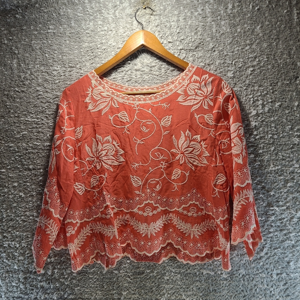 Solitaire Embroidered Top Women's Top Small Scalloped Hem Bell Sleeve Coral Boho